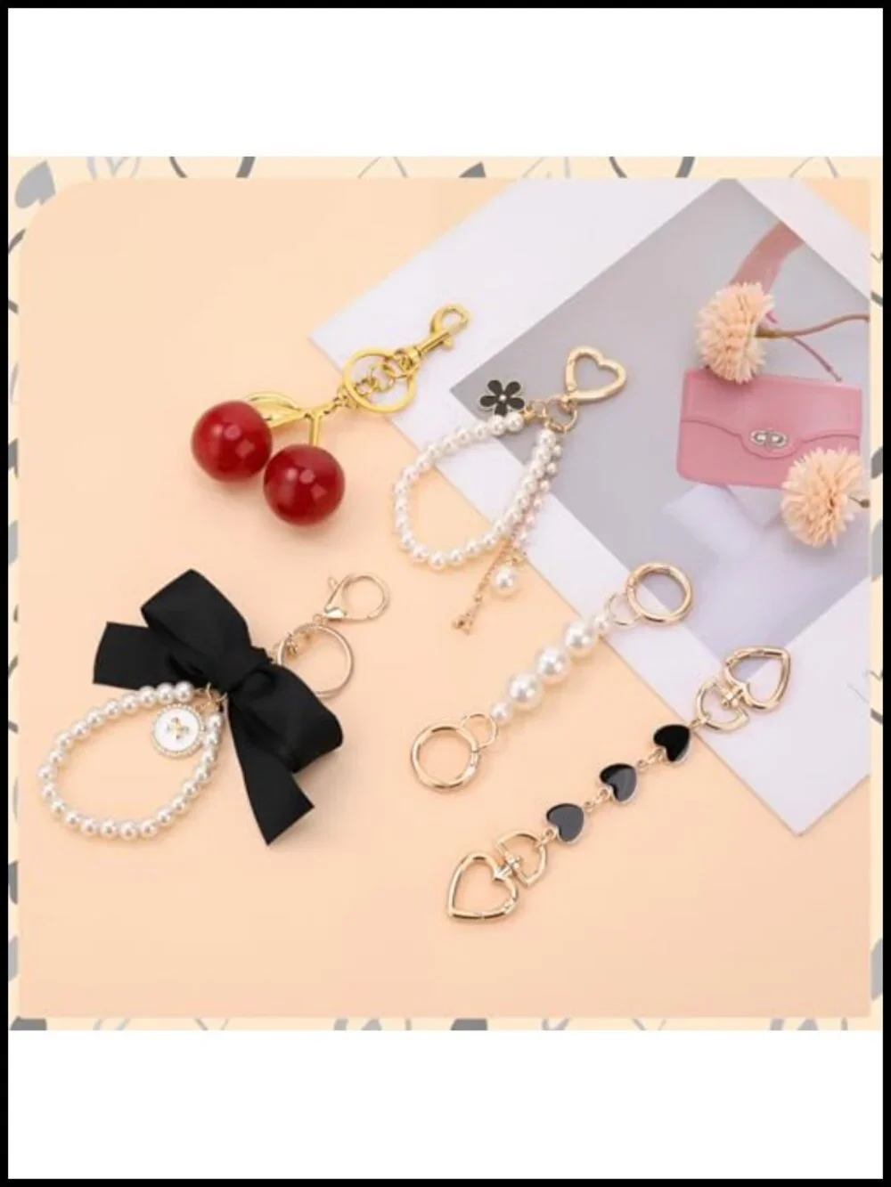 Bag Charm Set 5Pc Purse Charms Pearl Cherry Keychain Handbag Extender Chain